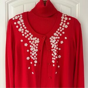 Embellished Red Cardigan with Flower Appliqué & Turtleneck Set